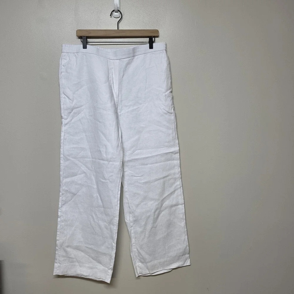 COS‎ White Linen Pants Womens US 14 Elastic Waist Wide Leg Summer Casual Beach
